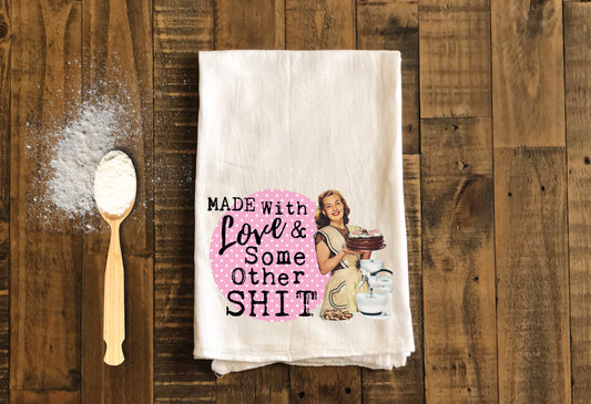 Made With - Funny Kitchen Tea Towels - Humorous Flour Sack Dish Towel - Hilarious Housewarming Gift Kitchen Decor