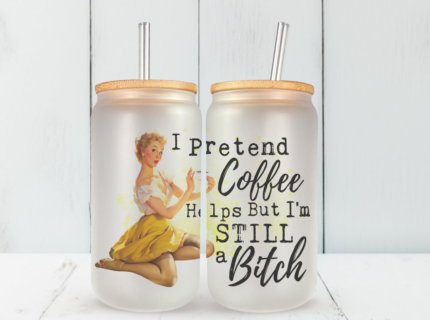 I Pretend Coffee Helps Glass Can, Funny Retro Housewives Iced Coffee Cup