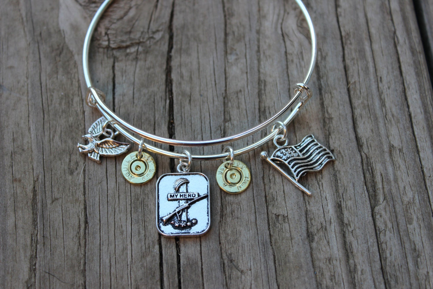 Handmade Support Our Troops My Hero AR15 5.56 Charm Bullet Bangle Bullet Bracelet in Silver Military Wife Military Mom