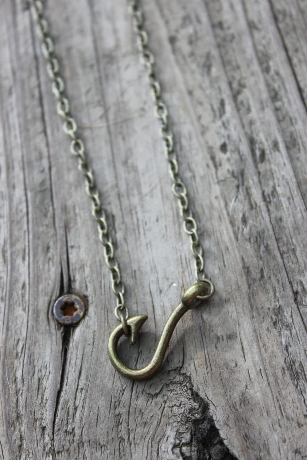 Handmade Antique Brass Fishing Hook Necklace for the Country Girl Fishing Necklace, Fish Hook Necklace