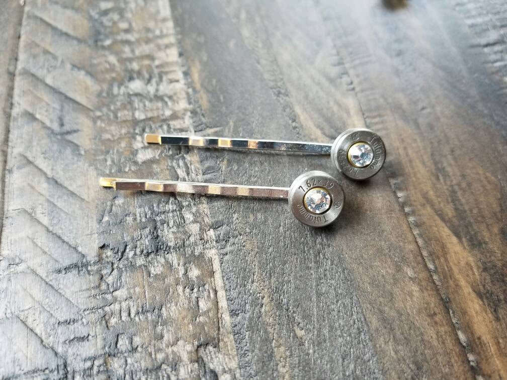 Handmade AK47 Bullet Hairpins with or without Swarovski Crystals -Pair of Bobbie Bobby Pins- Bullet Hair Jewelry 7.62x39 Bullet Bobby Pins