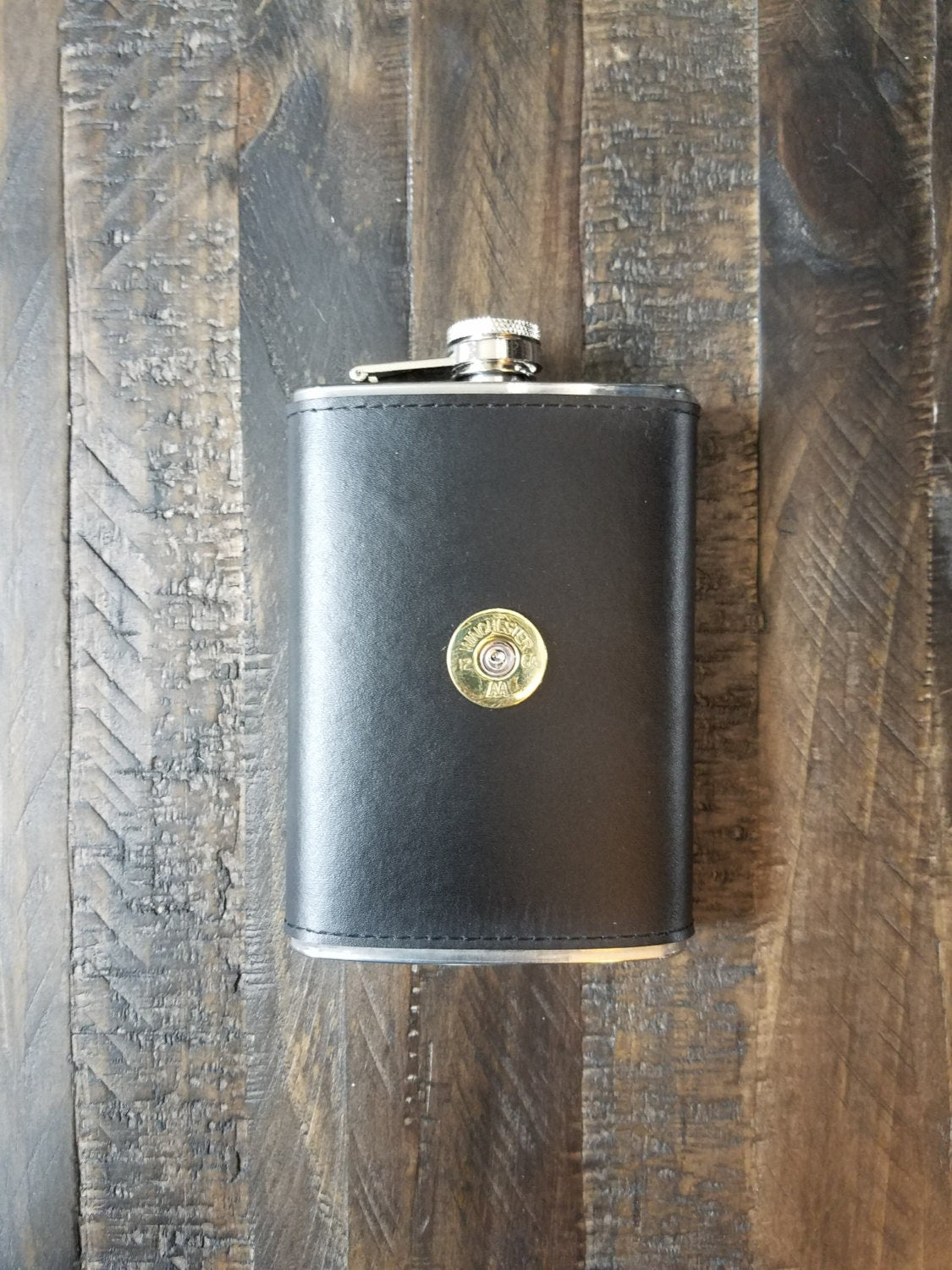 Black Leather Bullet Flask, 12GA, Winchester Remington Wedding Party Gift Groomsman Gift Set Groomsmen Flask Leather Flask Shotgun Shell