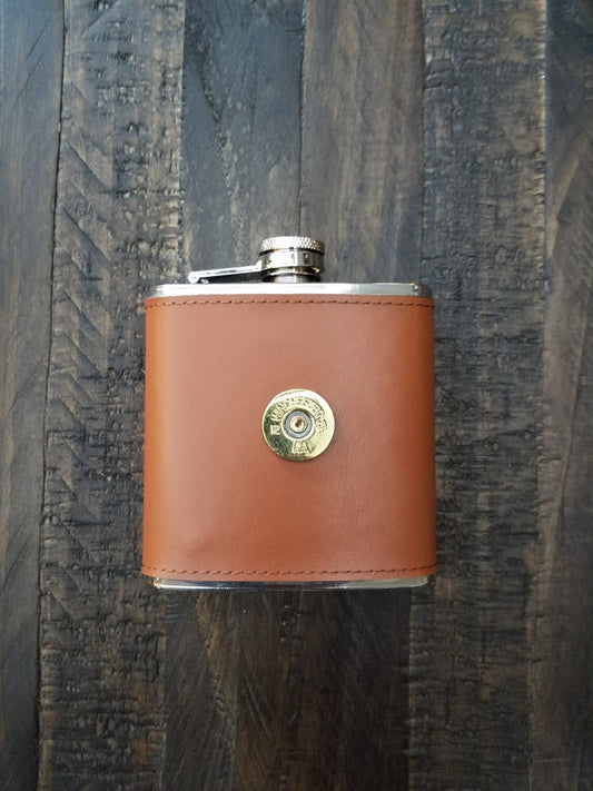Brown Leather Bullet Flask, 12GA, Winchester Remington Wedding Party Gift Groomsman Gift Set Groomsmen Flask, Leather Flask, Shotgun Shell