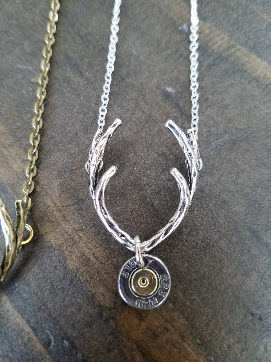 Handmade Bullet Antler Necklace in Antique Brass or Silver Bullet Necklace Deer Necklace Buck Necklace