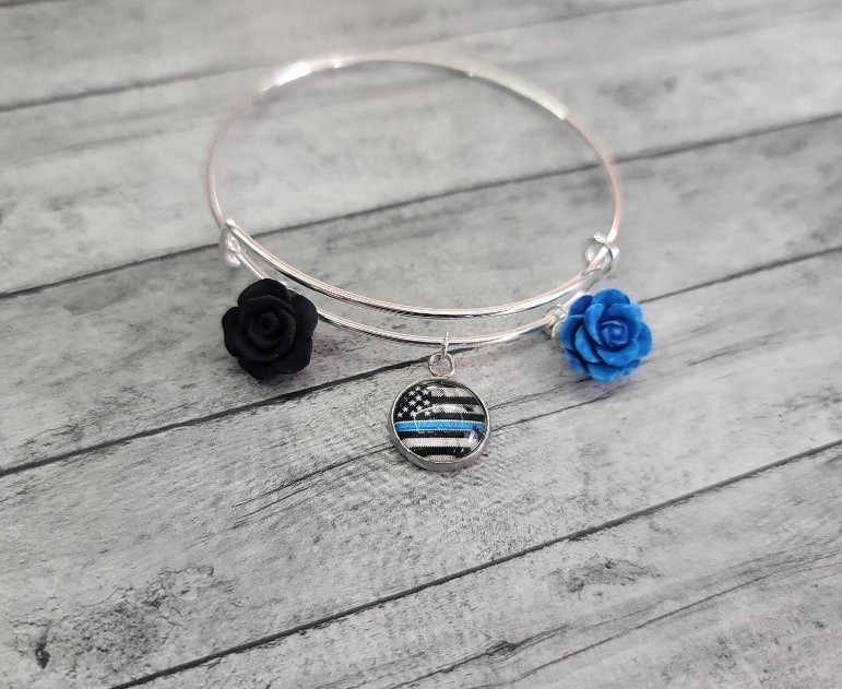 Thin Blue Line Flag Bracelet, Thin Blue Line Bracelet Thin Blue Line Flag Bangle Thin Blue Line Gift, Police Mom Police Wife, Blue Line Flag