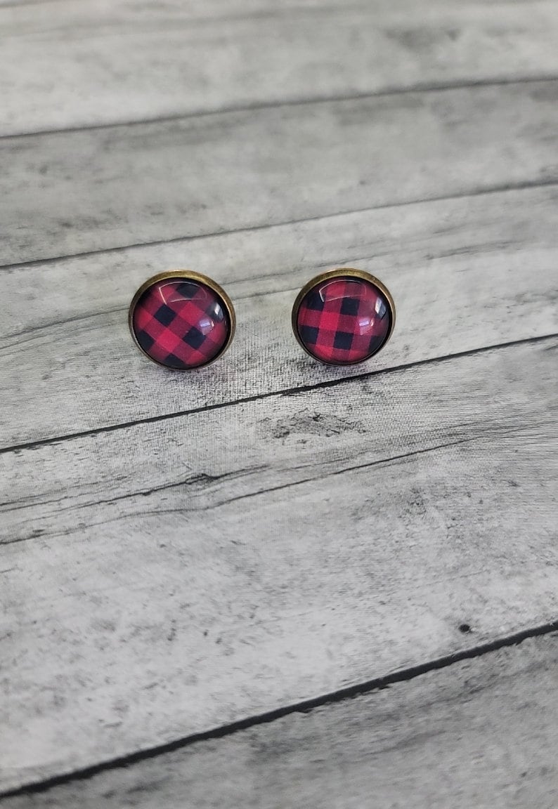 Plaid Stud Earrings, Plaid Earrings, Red Buffalo Plaid Earrings, Fall Plaid Earrings, Fall Plaid, Fall Earrings