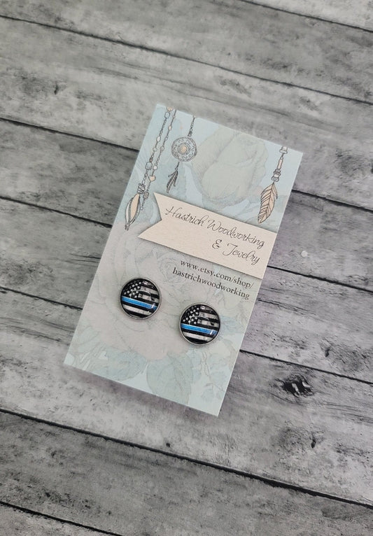 Handmade Thin Blue Line Earrings, Thin Blue Line Flag Earrings, Blue Line Flag Jewelry Blue Line Flag Gifts