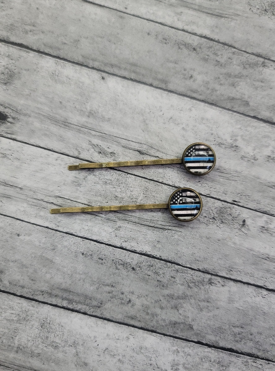 Handmade Thin Blue Line Flag Hairpins, Thin Blue Line Flag Hairpins, Pair of Bobbie Bobby Pins Hair Jewelry Bobby Pins Blue Line Flag