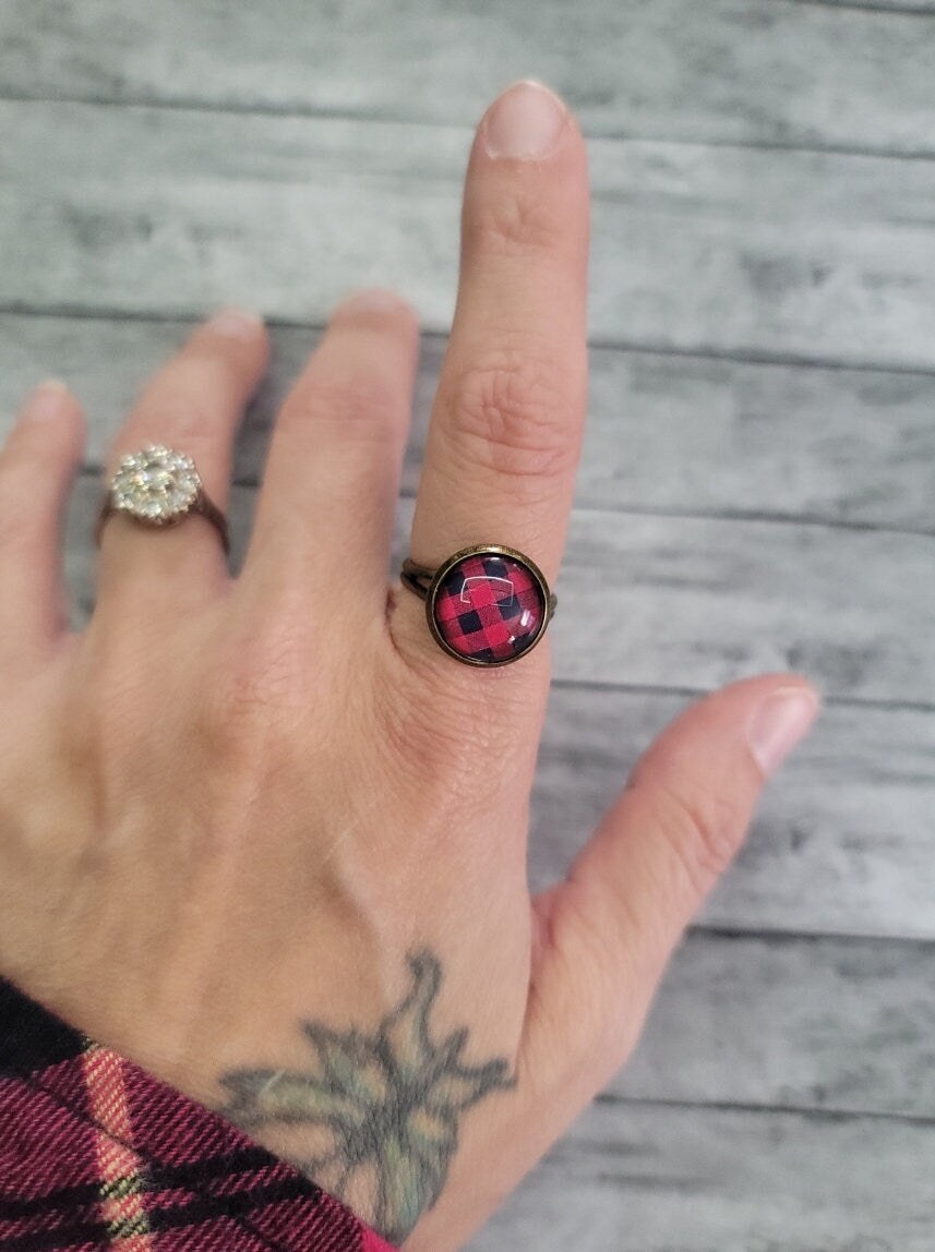 Plaid Ring, Red Plaid Ring, Red Buffalo Plaid Ring, Fall Plaid Ring, Fall Plaid, Fall Ring Fall Jewelry