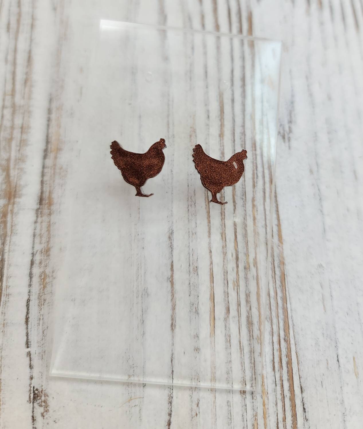 Chicken Stud Earrings, Chicken Earrings, Chicken Post Earrings, Gifts for Her, Glitter Earrings