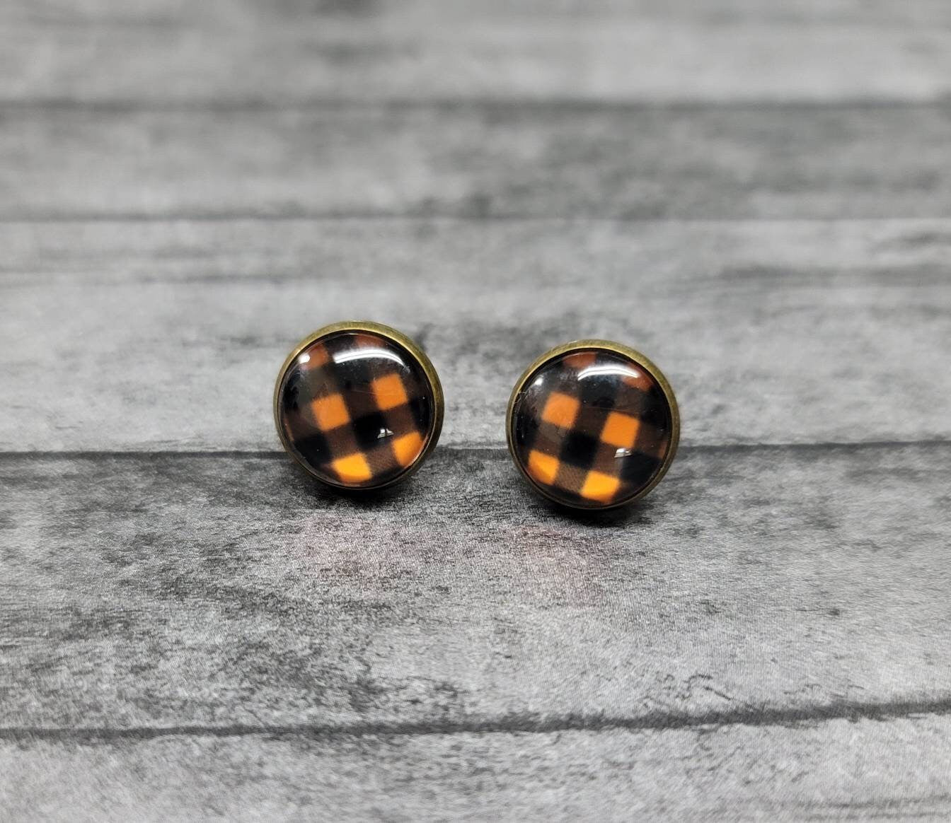 Plaid Stud Earrings, Plaid Earrings, Orange Buffalo Plaid Earrings, Fall Plaid Earrings, Fall Plaid, Fall Earrings