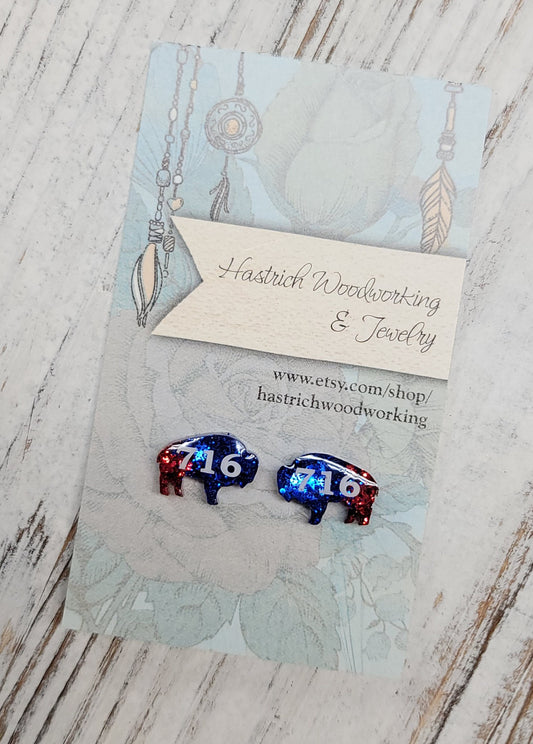 Chunky Glitter 716 Buffalo Stud Earrings, 716 Buffalo Earrings, 716 Buffalo Post Earrings, Fun Earrings, Buffalo Jewelry
