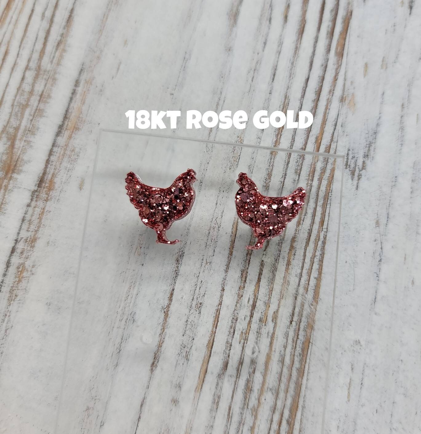 Glitter Chicken Stud Earrings, Chicken Earrings, Chicken Post Earrings, Gifts for Her, Glitter Earrings