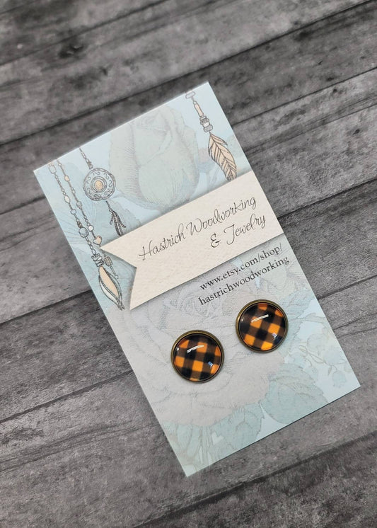 Plaid Stud Earrings, Plaid Earrings, Orange Buffalo Plaid Earrings, Fall Plaid Earrings, Fall Plaid, Fall Earrings