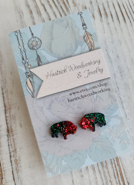 Christmas Chunky Glitter Buffalo Stud Earrings, Christmas Buffalo Earrings, Christmas Buffalo Post Earrings, Fun Earrings, Buffalo Jewelry