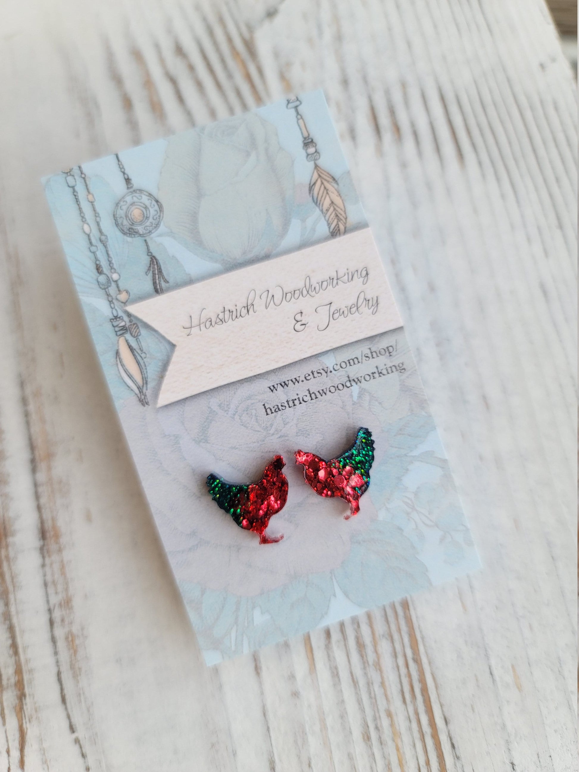 Christmas Glitter Chicken Stud Earrings, Christmas Chicken Earrings, Christmas Chicken Post Earrings, Gifts for Her, Glitter Earrings