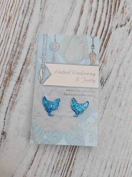 Glitter Chicken Stud Earrings, Chicken Earrings, Chicken Post Earrings, Gifts for Her, Glitter Earrings