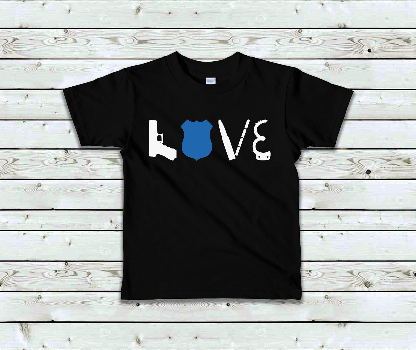 LOVE Police Toddler Tee Kid's Tee T-Shirt - Thin Blue Line - Law Enforcement - Police Flag - American Flag - Blue Line Flag - Police