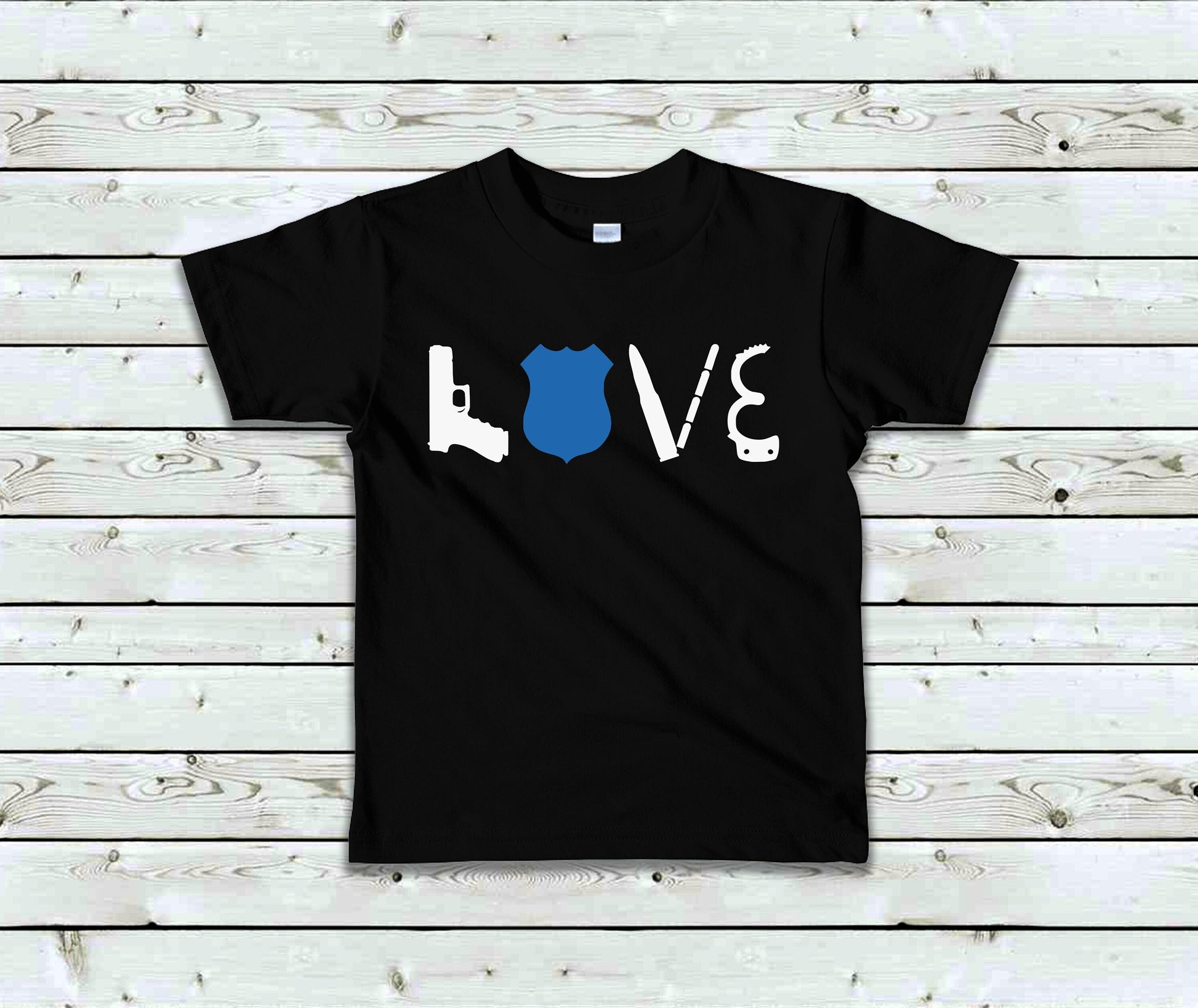 LOVE Police Toddler Tee Kid's Tee T-Shirt - Thin Blue Line - Law Enforcement - Police Flag - American Flag - Blue Line Flag - Police