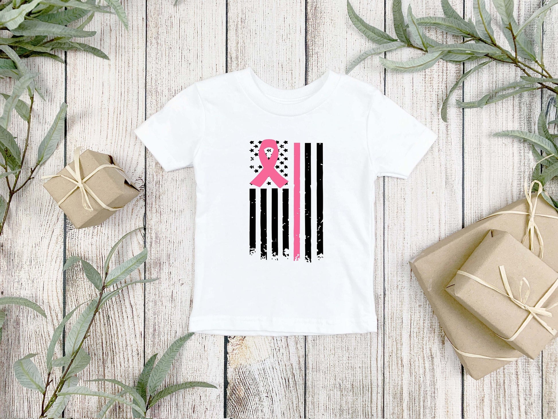 Breast Cancer Flag Toddler Tee Kid's Tee T-Shirt -Breast Cancer Awareness -Pink Line Flag - American Flag - Breast Cancer Tee