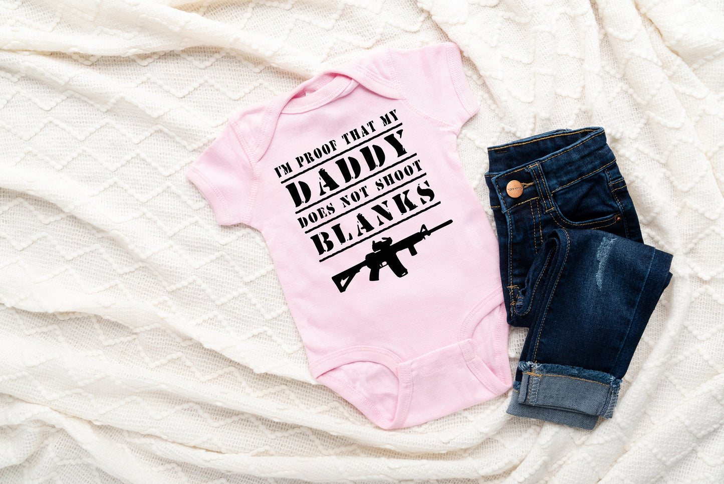 My Daddy Doesn't Shoot Blanks Creeper AR-15 Creeper Baby Clothes Bodysuit AR15 Guns Creeper Guns Baby Clothes Black Pink or Grey
