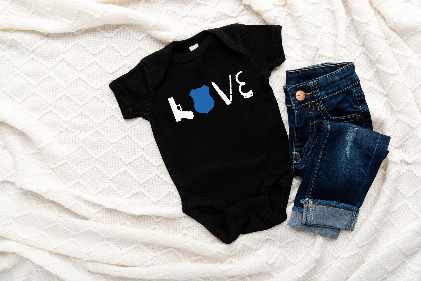 LOVE Police Baby Creeper - Law Enforcement - Thin Blue Line- Police Flag - American Flag - Blue Line Flag - Creeper Bodysuit Romper