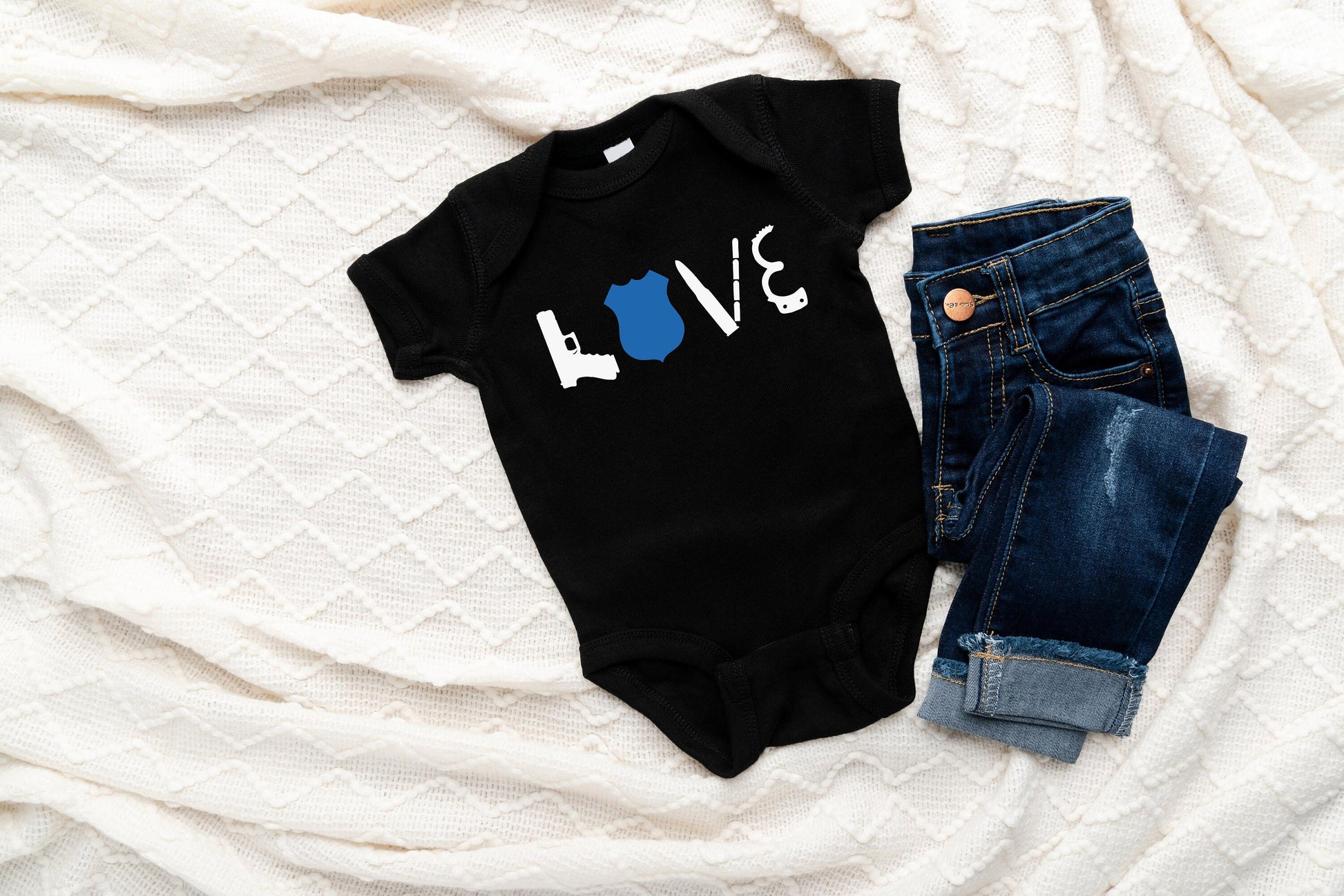 LOVE Police Baby Creeper - Law Enforcement - Thin Blue Line- Police Flag - American Flag - Blue Line Flag - Creeper Bodysuit Romper