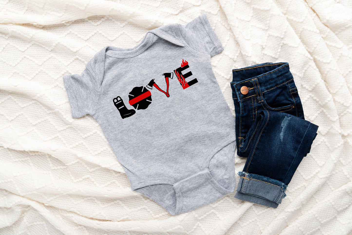 LOVE Firefighters Baby Creeper - Fireman - Thin Red Line Flag - First Responder - Firefighter - Red Lives Matter - Creeper Bodysuit