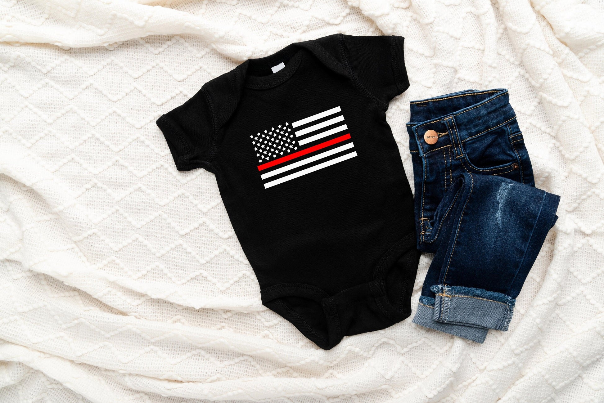 Thin Red Line Baby Creeper- Firefighters - Military - American Flag - Red Line Flag- First Responder - Red Line Creeper Bodysuit Romper