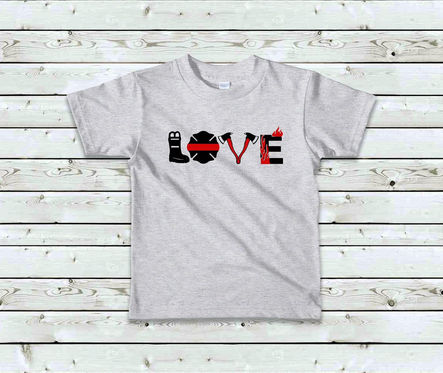 LOVE Firefighters Toddler Tee Kid's Tee T-Shirt - Thin Red Line Flag -Firefighter - First Responders - Red Line Flag - Fireman Tee