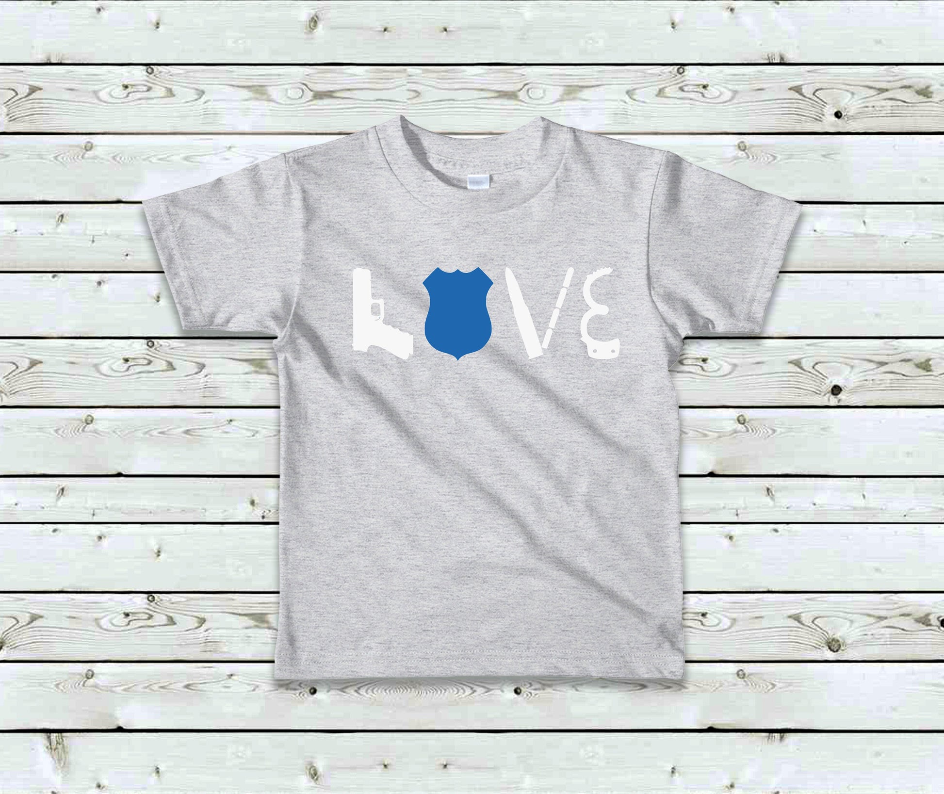 LOVE Police Toddler Tee Kid's Tee T-Shirt - Thin Blue Line - Law Enforcement - Police Flag - American Flag - Blue Line Flag - Police