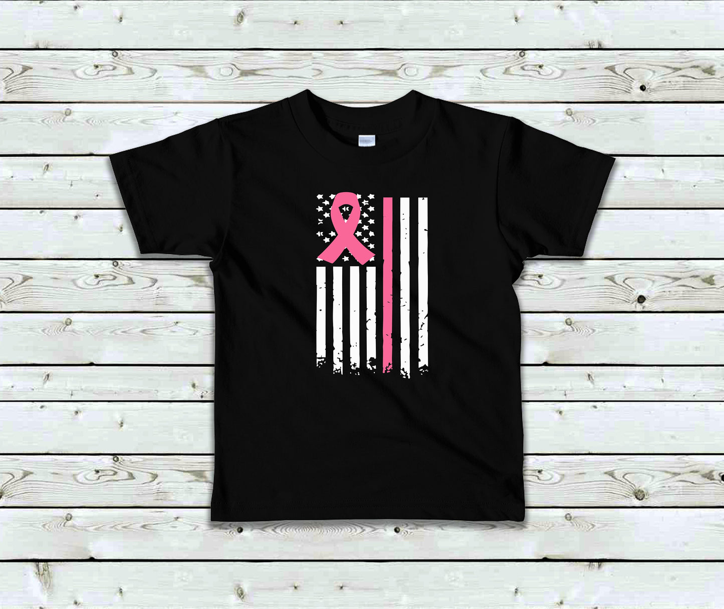 Breast Cancer Flag Toddler Tee Kid's Tee T-Shirt -Breast Cancer Awareness -Pink Line Flag - American Flag - Breast Cancer Tee