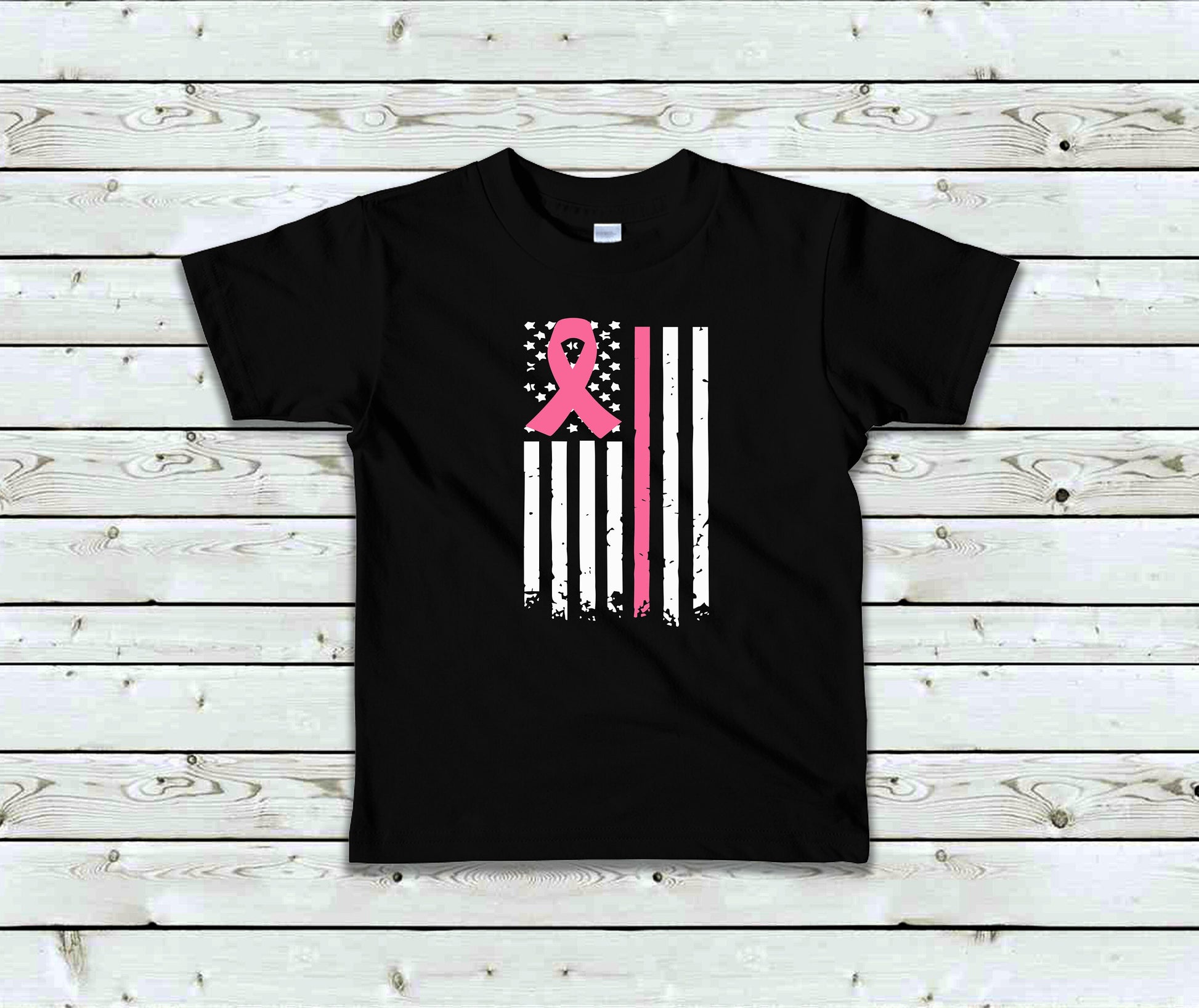 Breast Cancer Flag Toddler Tee Kid's Tee T-Shirt -Breast Cancer Awareness -Pink Line Flag - American Flag - Breast Cancer Tee