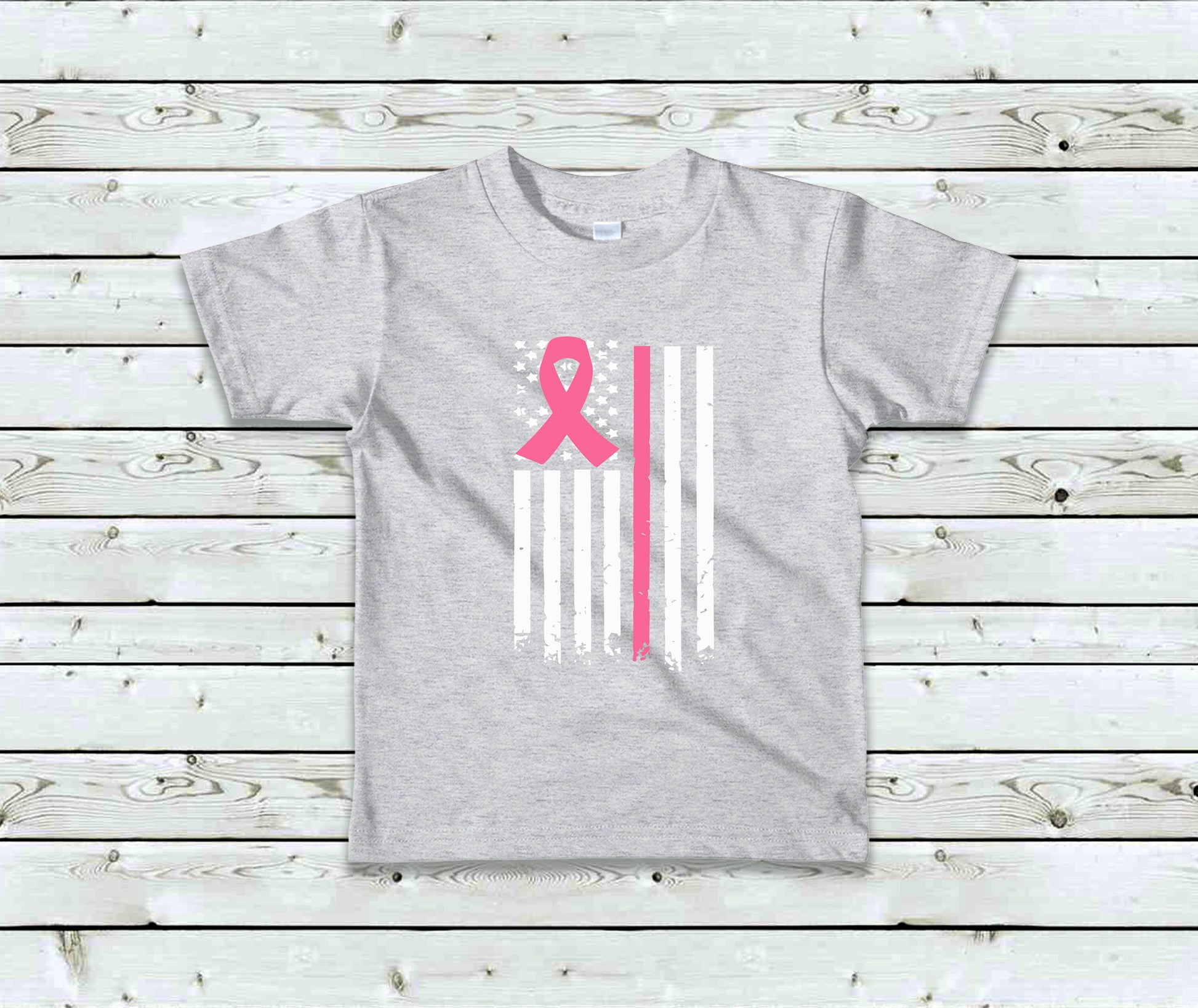 Breast Cancer Flag Toddler Tee Kid's Tee T-Shirt -Breast Cancer Awareness -Pink Line Flag - American Flag - Breast Cancer Tee