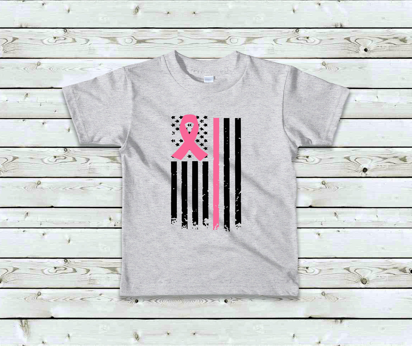 Breast Cancer Flag Toddler Tee Kid's Tee T-Shirt -Breast Cancer Awareness -Pink Line Flag - American Flag - Breast Cancer Tee