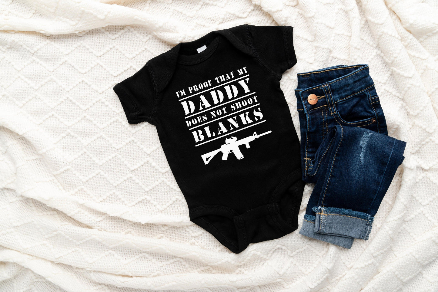My Daddy Doesn't Shoot Blanks Creeper AR-15 Creeper Baby Clothes Bodysuit AR15 Guns Creeper Guns Baby Clothes Black Pink or Grey