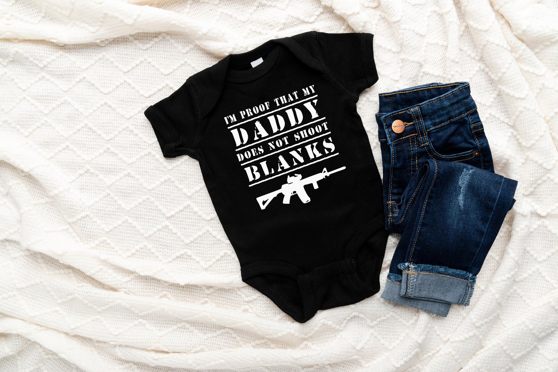 My Daddy Doesn't Shoot Blanks Creeper AR-15 Creeper Baby Clothes Bodysuit AR15 Guns Creeper Guns Baby Clothes Black Pink or Grey