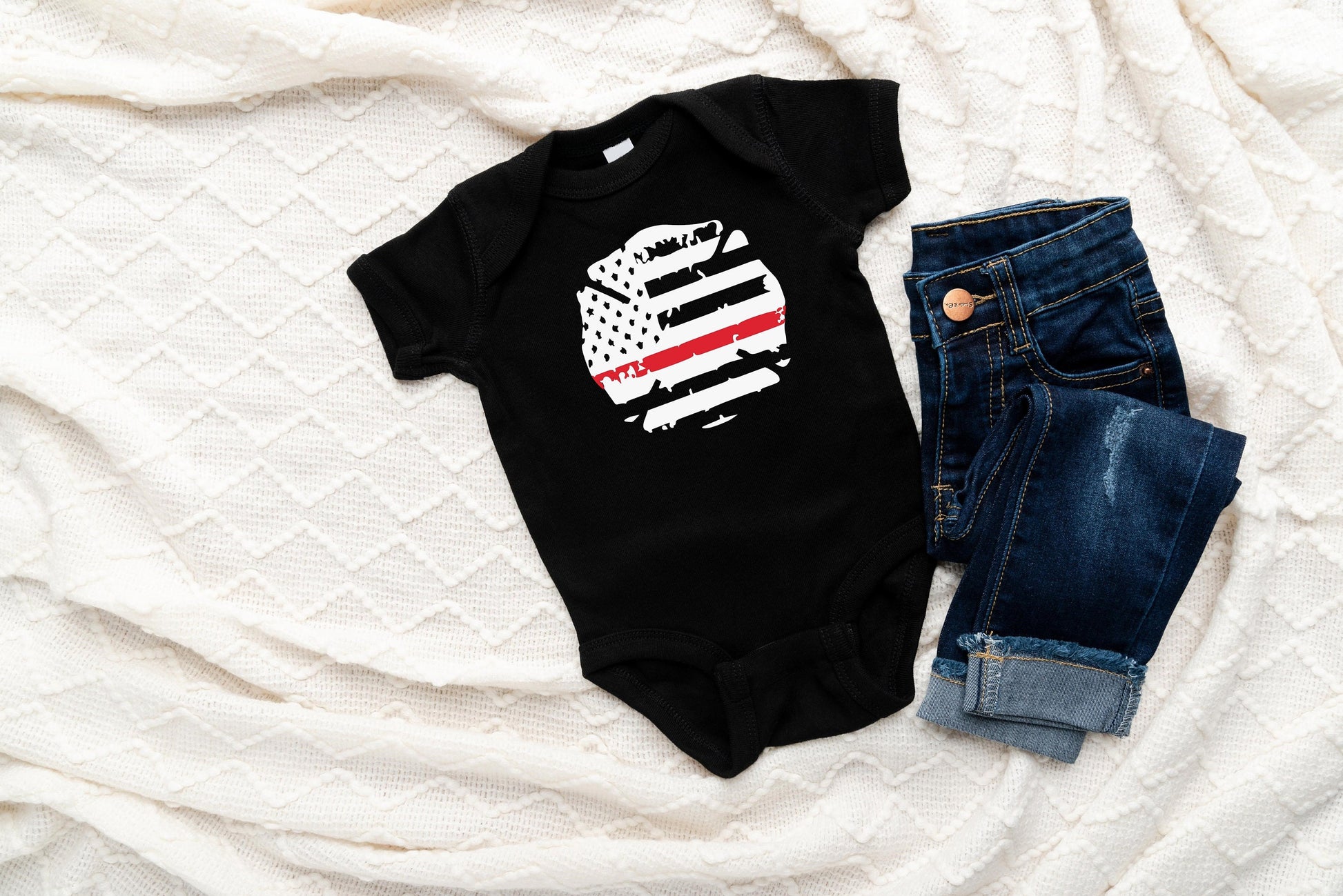 Red Line Firefighters Baby Creeper - Fireman - Thin Red Line Flag- First Responder - Firefighter - American Flag- Creeper Bodysuit Romper