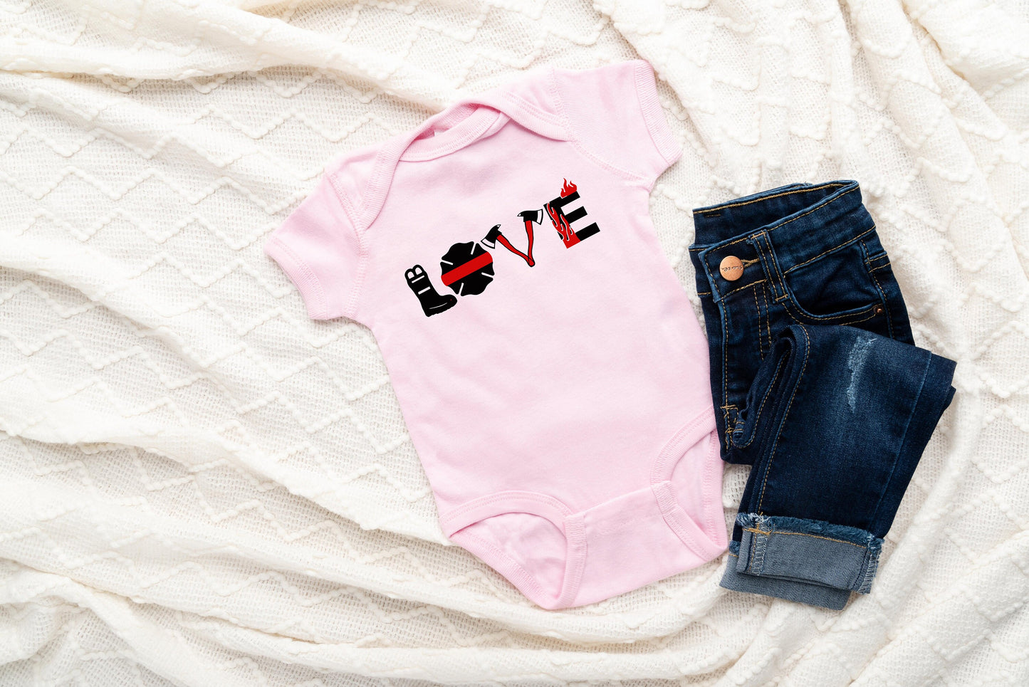 LOVE Firefighters Baby Creeper - Fireman - Thin Red Line Flag - First Responder - Firefighter - Red Lives Matter - Creeper Bodysuit