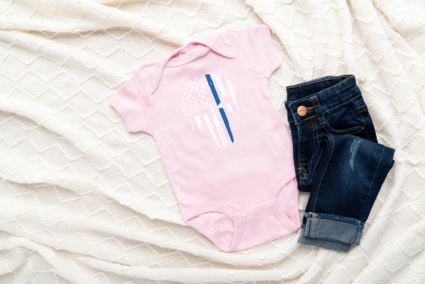 Thin Blue Line Baby Creeper - Law Enforcement - Police Flag - American Flag Blue Line Flag Creeper Bodysuit Romper