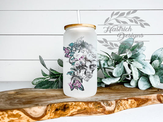 Floral Skull Cup Iced Coffee Cup Glass, Beer Can Glass, Floral Skull Coffee Cup, Glass Cup Coffee Can Beer, Skull Soda Can Glass