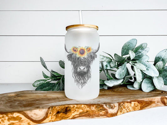 Highland Cow Cup Iced Coffee Cup Glass, Beer Can Glass, Highland Cow Coffee Cup, Glass Cup Coffee Can Beer, Cow Soda Can Glass