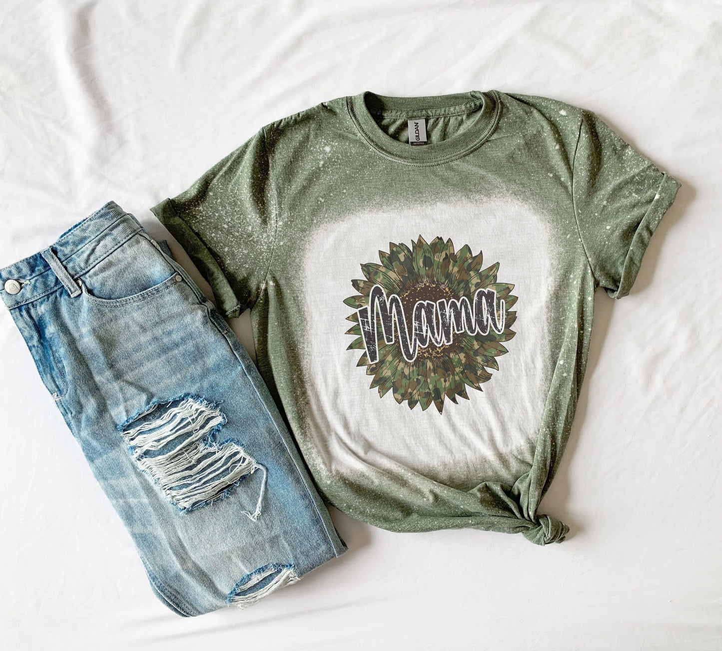 Camo Sunflower Bleach Shirt, Sunflower Shirt, Mama Shirt, Mom Shirt, Mom Bleached Tee