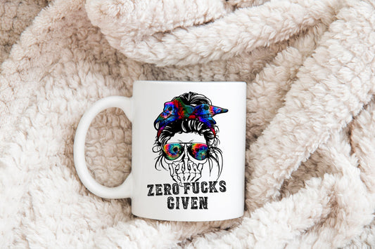 Zero F*cks Given Mug, Humorous Mug, Sarcastic Mug, Funny Mug, Skull Coffee Mug, Messy Bun Coffee Mug