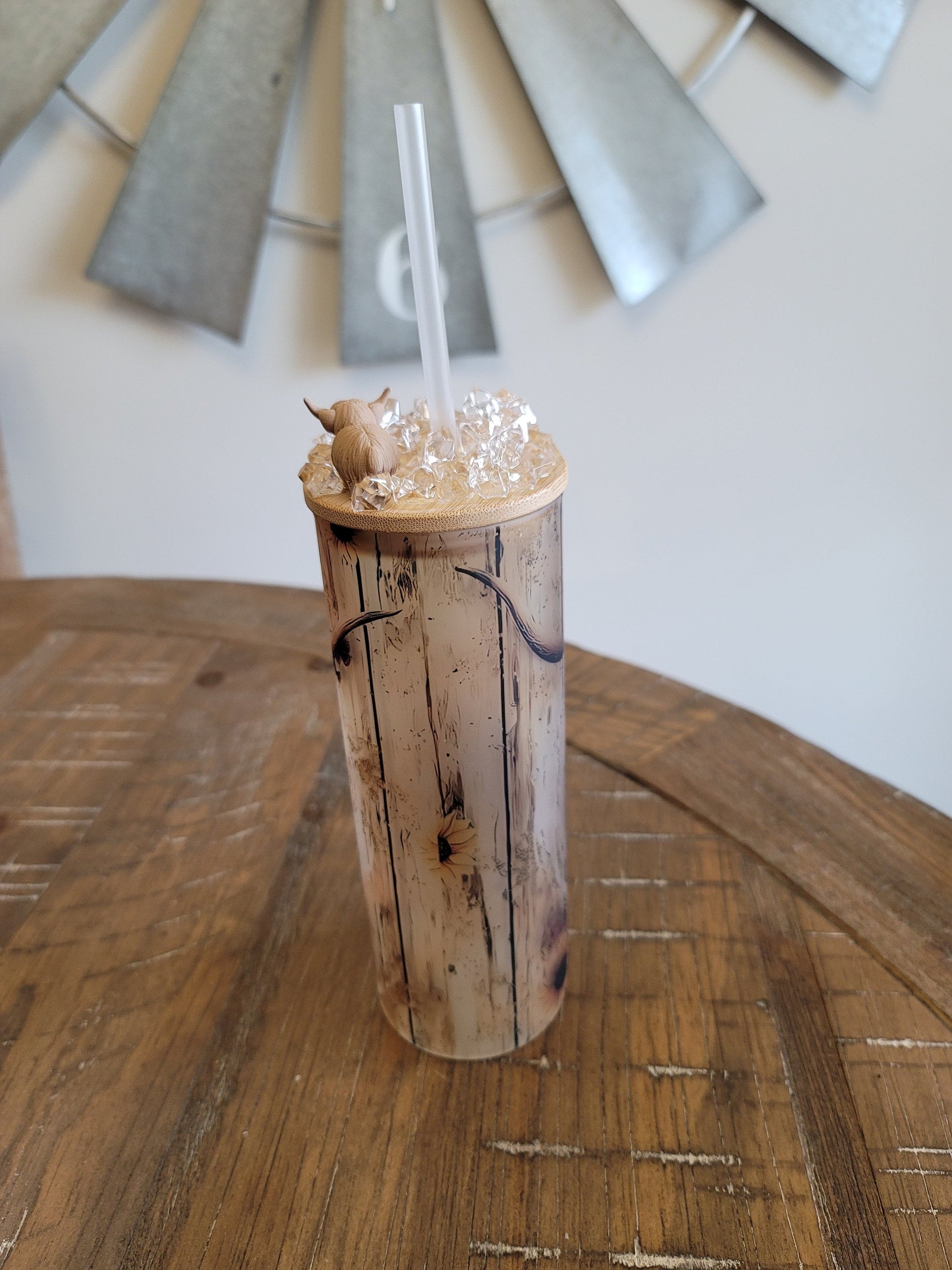 Scottish Highland Cow 25oz Frosted Glass Tumbler with 3D Ice Topper, Highland Cow Tumbler, Ice Topper Tumbler