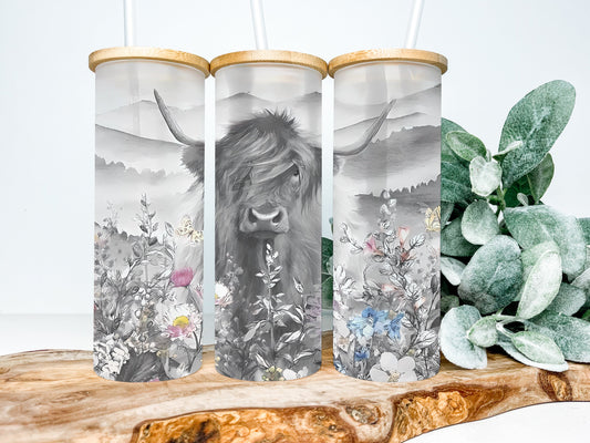 Highland Cow 25oz Frosted Glass Tumbler, Highland Cow Tumbler