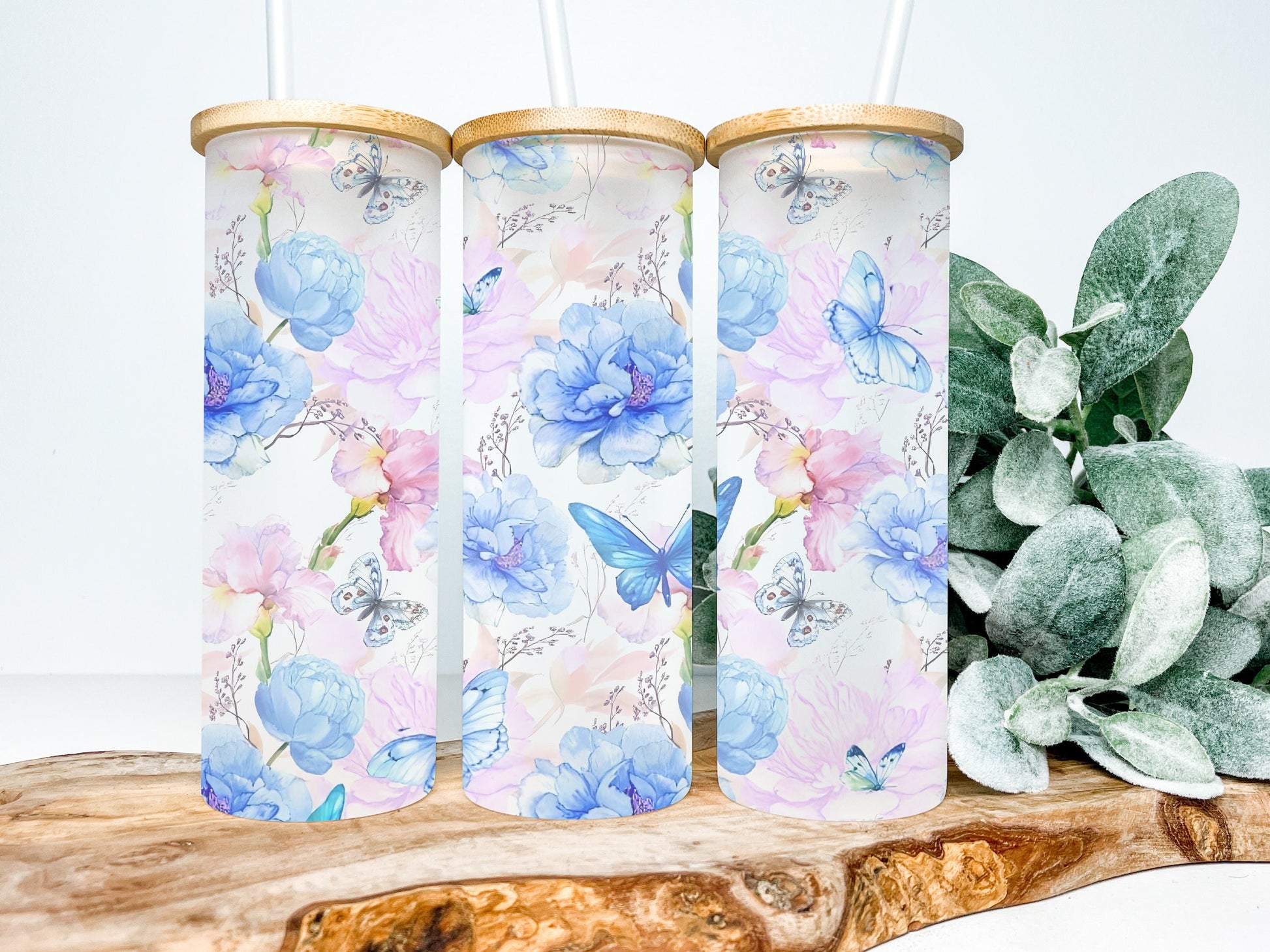 Floral Butterfly 25oz Frosted Glass Tumbler, Floral Butterfly Tumbler