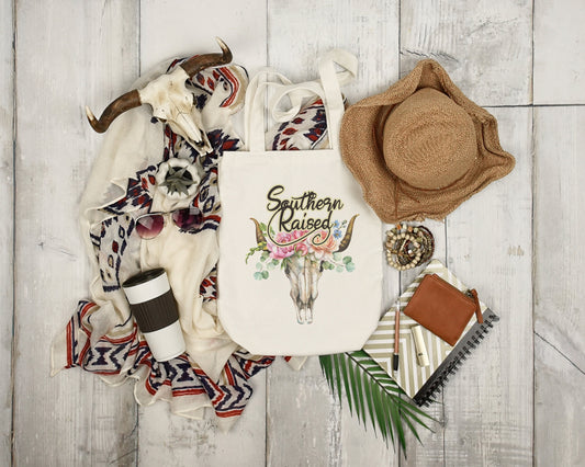 Southern Raised Tote, Cow Skull Tote, Bull Skull Tote, Country Tote Bag