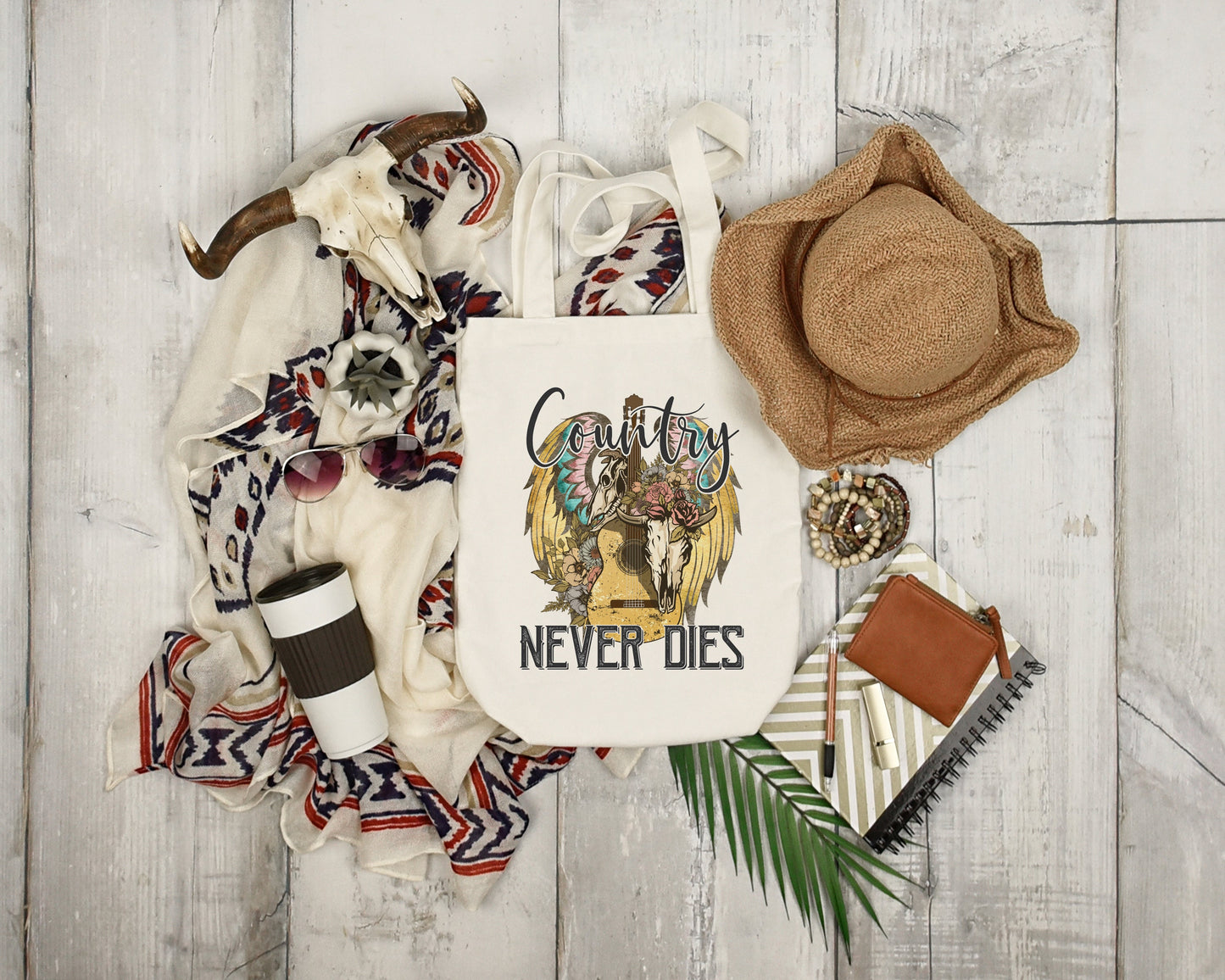 Country Never Dies Tote, Cow Skull Tote, Bull Skull Tote, Country Tote Bag