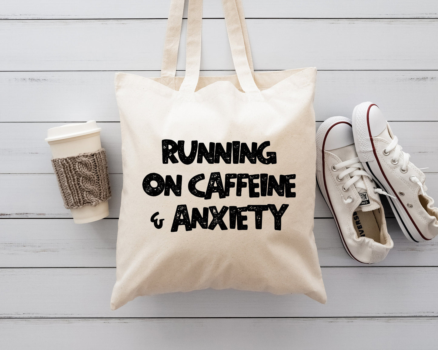 Running on Caffeine & Anxiety Tote, Funny Tote, Summer Tote Bag